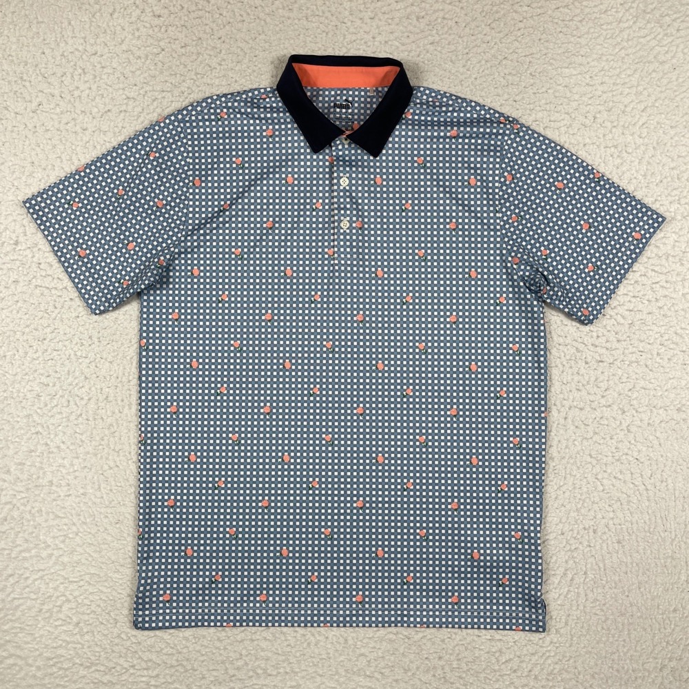 Puma Golf Polo Shirt Mens Medium Blue Gingham Peach Floral Performance 624491-01